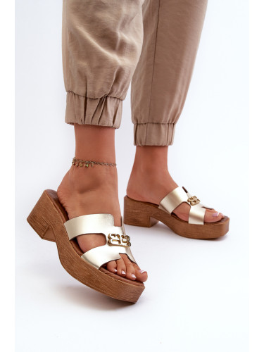 Кожени елегантни дамски джапанки със златист орнамент Zazoo 40412