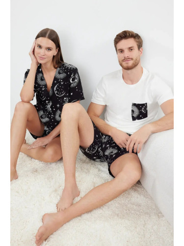 Trendyol Women's Couple Black Galaxy Patterned Viscose Woven Pajama Set