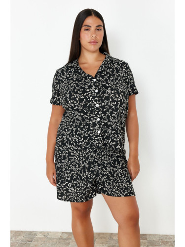 Trendyol Curve Black Floral Patterned Shirt Collar Knitted Pajama Set