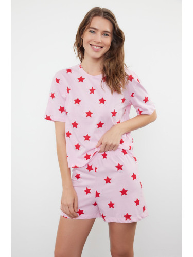 Trendyol Pink-Multicolored 100% Cotton Star Patterned T-shirt-Shorts Knitted Pajama Set
