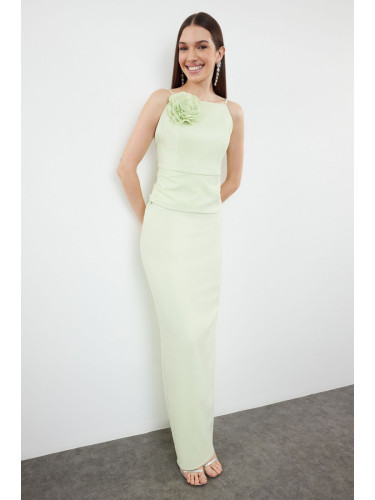 Trendyol Light Green Rose Detailed Woven Long Elegant Evening Dress