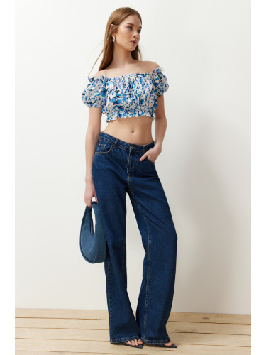 Trendyol Blue Tie-dye Patterned Carmen Collar Crop Woven Blouse