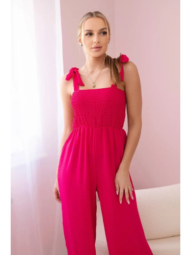 Waisted jumpsuit with a pleated fuchsia-coloured top