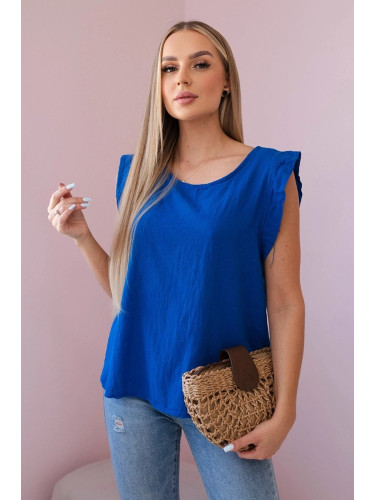 Cotton blouse with a delicate ruffle in cornflower blue