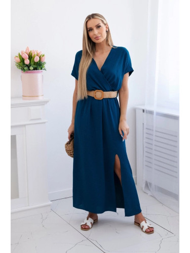 Women's elegant dress with decorative belt - sea blue