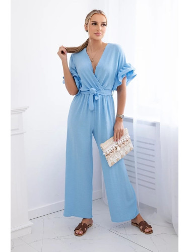 Jumpsuit with a tie at the waist with decorative sleeves in blue