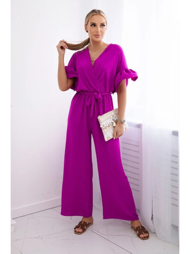 Jumpsuit with a tie at the waist and decorative sleeves in dark purple