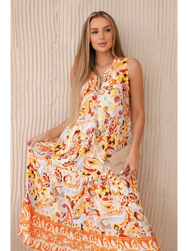 Viscose dress with a floral motif and a tied neckline in orange