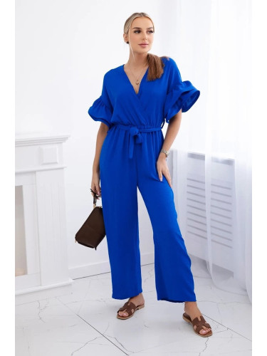 Jumpsuit with a tie at the waist with decorative sleeves cornflower blue
