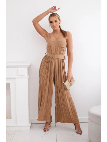 Pleated jumpsuit with camel straps