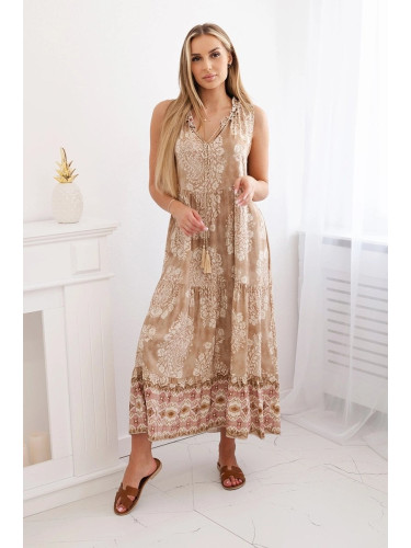Beige printed viscose dress with a knotted neckline