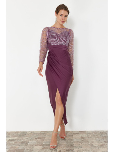 Trendyol Lilac Sequin Tulle Knitted Long Elegant Evening Dress