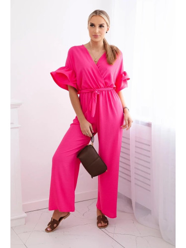 Jumpsuit with a tie at the waist with decorative sleeves in pink