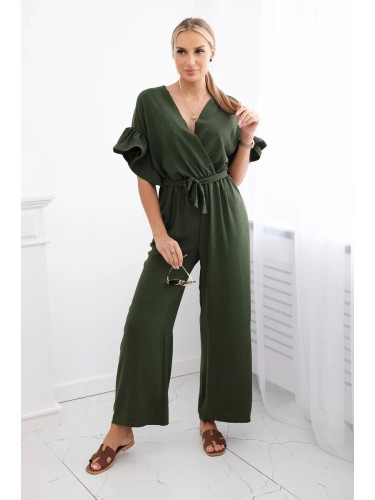 Jumpsuit with a tie at the waist and decorative sleeves in khaki