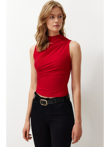 Trendyol Red Zero Sleeve Gathered, Fitted, Stretchy Knitted Blouse