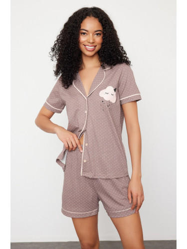 Trendyol Mink Cotton Polka Dot Printed Knitted Pajama Set with Piping Detail