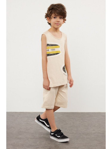 Trendyol Beige Boy's Patterned Sleeveless T-shirt Shorts Set Knitted Top-Bottom Set