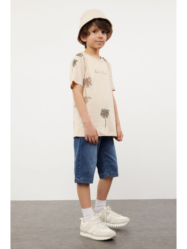 Trendyol Beige Boy Patterned Short Sleeve T-shirt -Jean Trousers Set Top and Bottom Suit