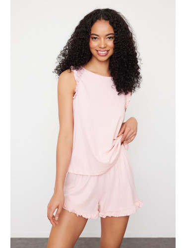 Trendyol Pink 100% Cotton Ruffle Detailed Undershirt-Shorts Knitted Pajama Set