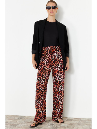 Trendyol Brown Elastic Waist Wide Leg/Wide Leg Leopard Print Woven Pants
