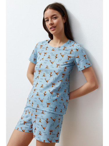 Trendyol Blue Cotton Animal Pattern Knitted Pajamas Set