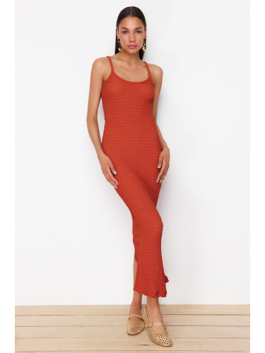 Trendyol Cinnamon Textured Plain Bodycone/Fit Strap Maxi Stretchy Knitted Pencil Dress
