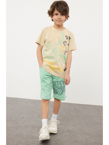 Trendyol Mint Boy Slogan Patterned T-shirt Shorts Set Knitted Top-Bottom Set