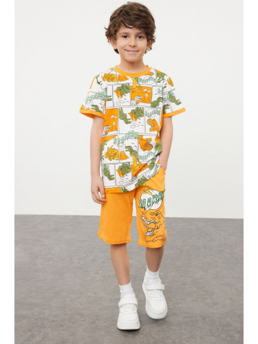 Trendyol Orange Boy's Dinosaur Patterned T-shirt-Shorts Set Knitted Top-Bottom Set