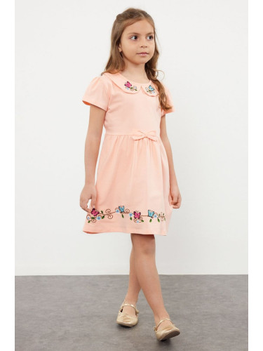 Trendyol Pink Girl's Baby Collar Floral Patterned Short Sleeve Knitted Dress