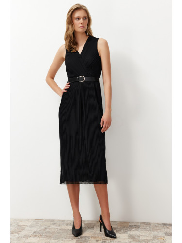 Trendyol Black Pleated Double Breasted Collar Chiffon Lined Midi Woven Dress