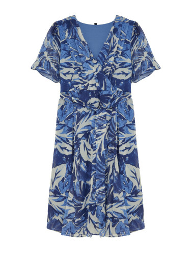 Trendyol Curve Blue Tropical Leaf Patterned Chiffon Double Breasted Woven Dress