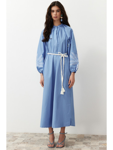 Trendyol Blue Sleeve Embroidered / Embroidered Balloon Sleeve Woven Dress