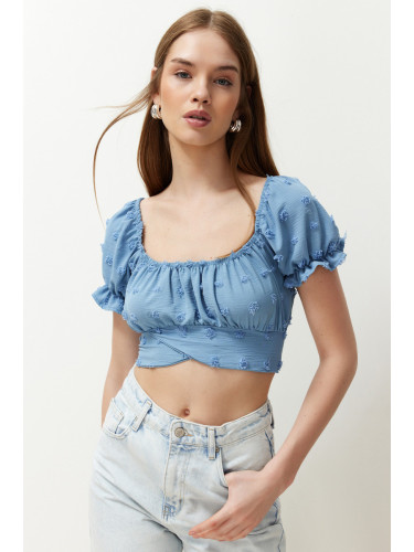 Trendyol Blue Crop Sleeve Detailed Woven Blouse