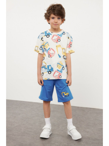Trendyol Ecru Boy's Car Patterned T-shirt Shorts Set Knitted Top-Bottom Set