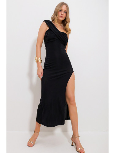 Trend Alaçatı Stili Women's Black One-Shoulder Neck Draped Slit Buzzy Evening Dress