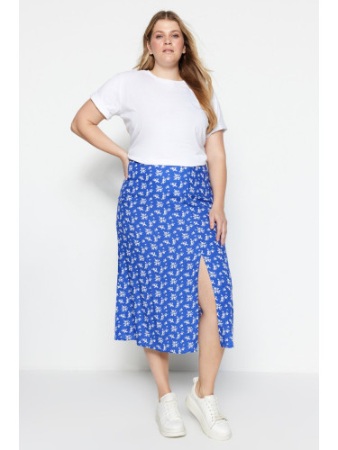 Trendyol Curve Blue Floral Pattern Woven Viscose Skirt with a Slit