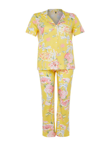 Trendyol Curve Yellow Flower Patterned Shirt Collar Knitted Pajama Set
