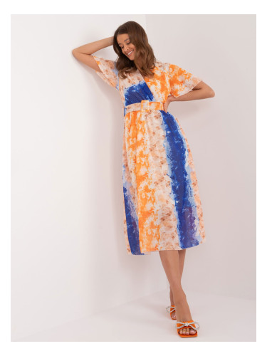 Orange blue patterned dress with belt