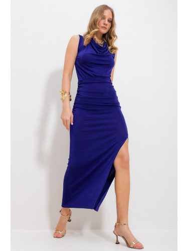 Trend Alaçatı Stili Women's Saxe Blue Collar Draped Slit Buzzy Evening Dress