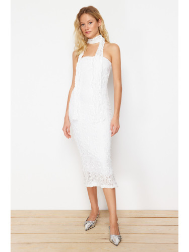 Trendyol White Lace Fitted Stretchy Knitted Midi Pencil Dress