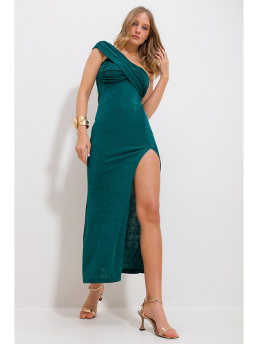 Trend Alaçatı Stili Women's Emerald Green One-Shoulder Neck Draped Slit Buzzy Evening Dress