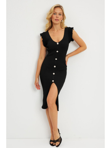 Cool & Sexy Women's Black Button Detailed Knitwear Midi Dress YZ635