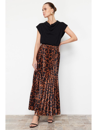 Trendyol Brown Pleated Animal Print Printed Stretchy Knitted Skirt