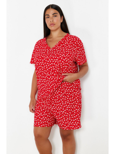 Trendyol Curve Red Flower Patterned V-Neck Knitted Pajama Set