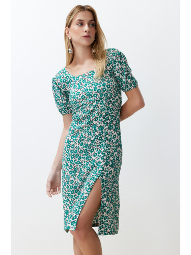 Trendyol Green Printed Gathered Square Collar Back Tie Detailed Stretchy Knitted Midi Dress