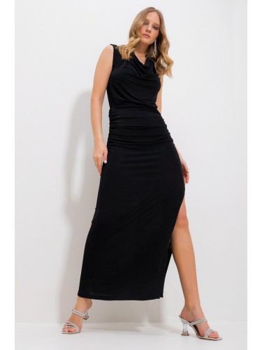 Trend Alaçatı Stili Women's Black Turndown Collar Draped Slit Buzzy Evening Dress
