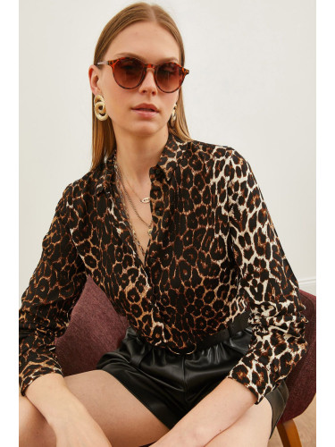 Olalook Women's Leopard Dark Coffee Patterned Woven Viscose Shirt