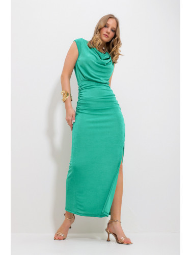 Trend Alaçatı Stili Women's Green Turndown Collar Draped Slit Buzzy Evening Dress