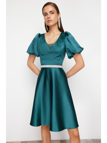 Trendyol Emerald Green Stone Accessory Stylish Evening Dress with Belt Detail