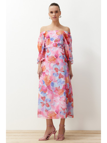 Trendyol Pink Floral Print A-line Carmen Collar Chiffon Lined Maxi Woven Dress